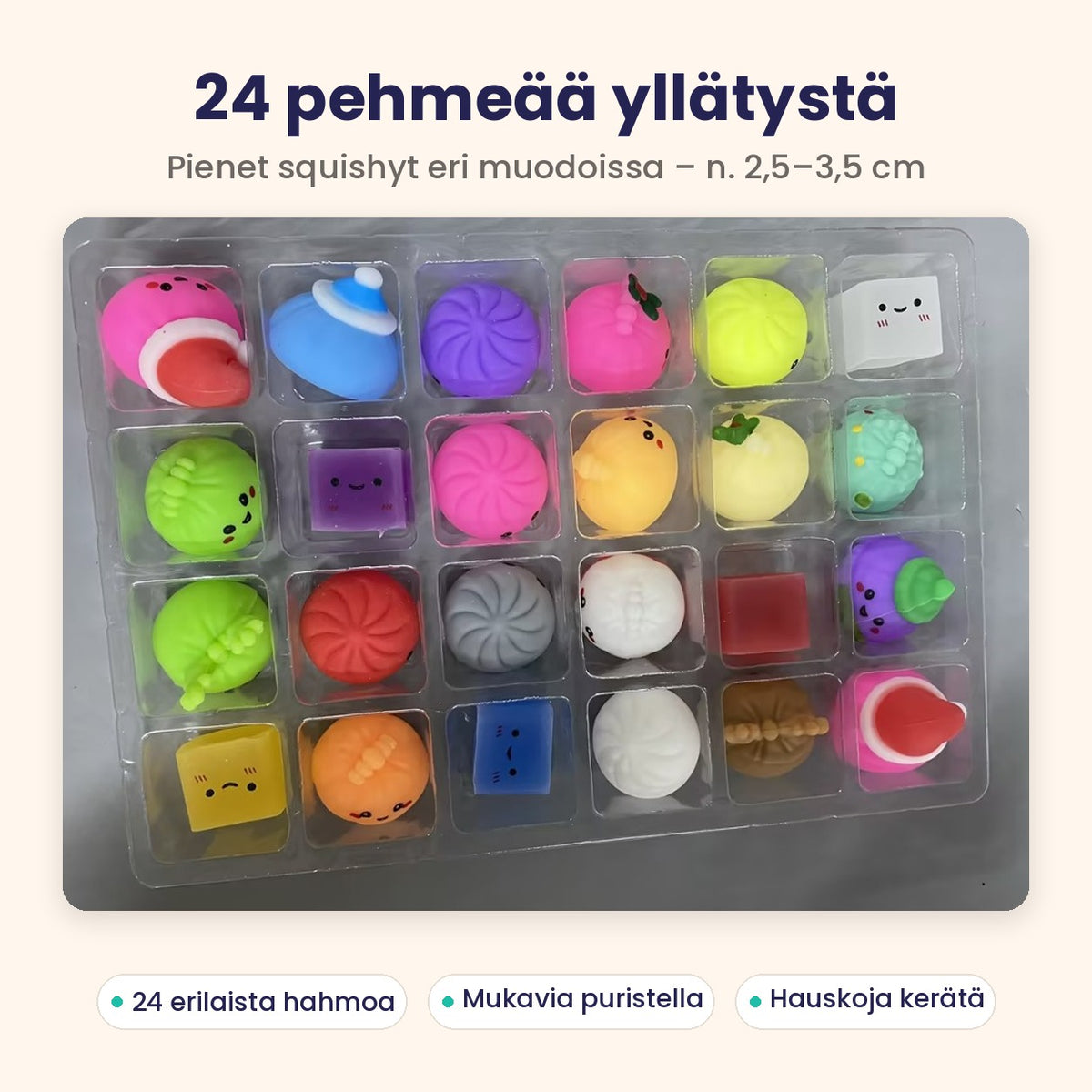 Kaikki 24 squishyä alustalla – n. 2,5–3,5 cm